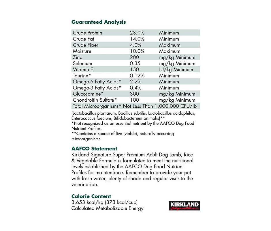 tabla nutricional de Croquetas Kirkland Cordero