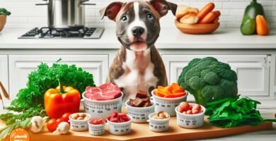 Perro enfrente de vasos medidores con Dieta BARF