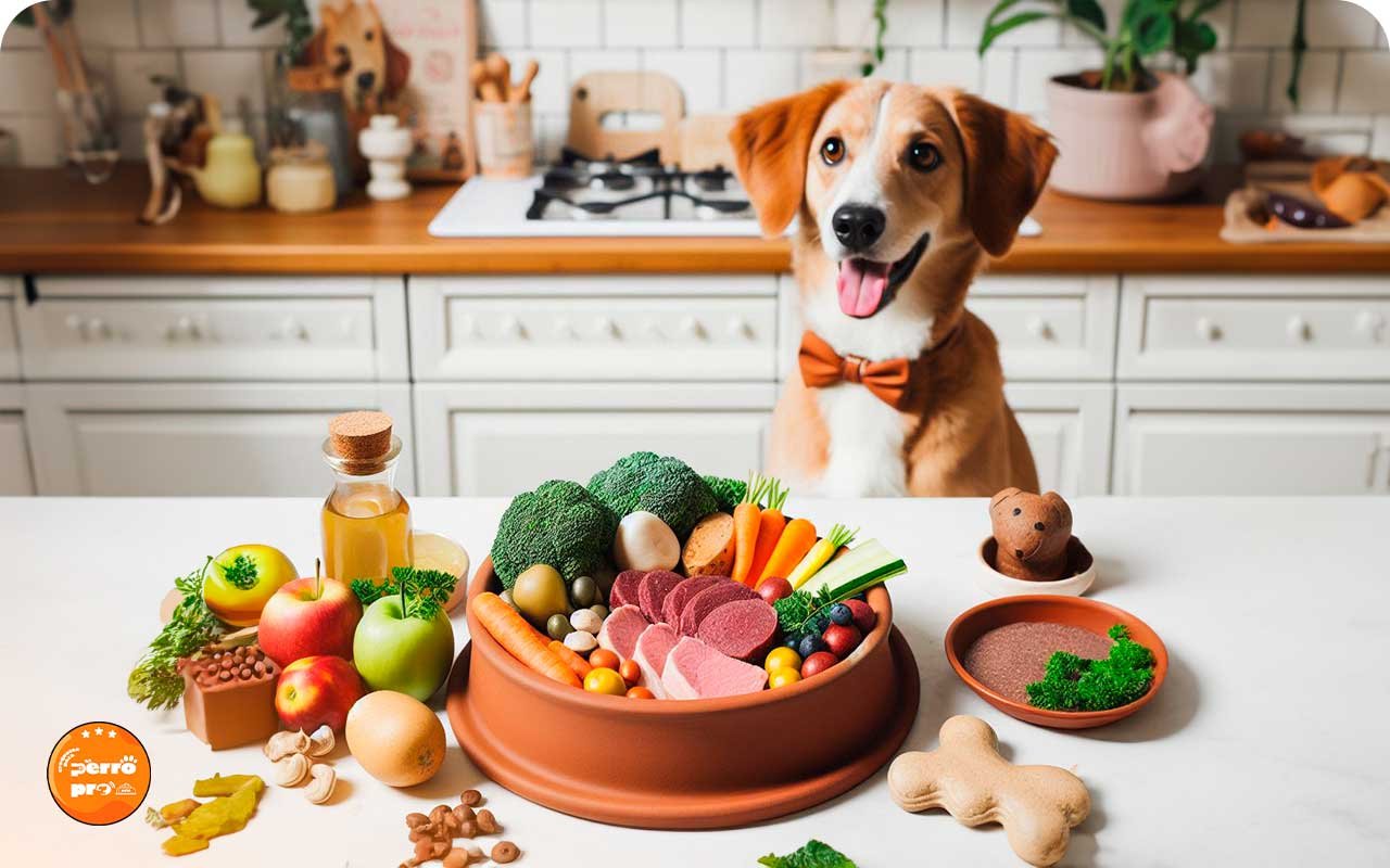 Guía de Dieta BARF Para Perros | Peligros y Más | Perro mirando un plato con ingredientes naturales
